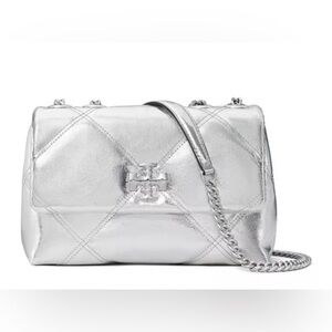 Tory Burch Kira Diamond Quilt Metallic Small Convertible Shoulder Bag Silver